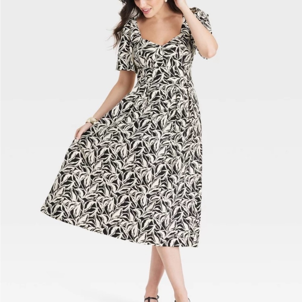 A New Day Black and White Leaf Midi Dress